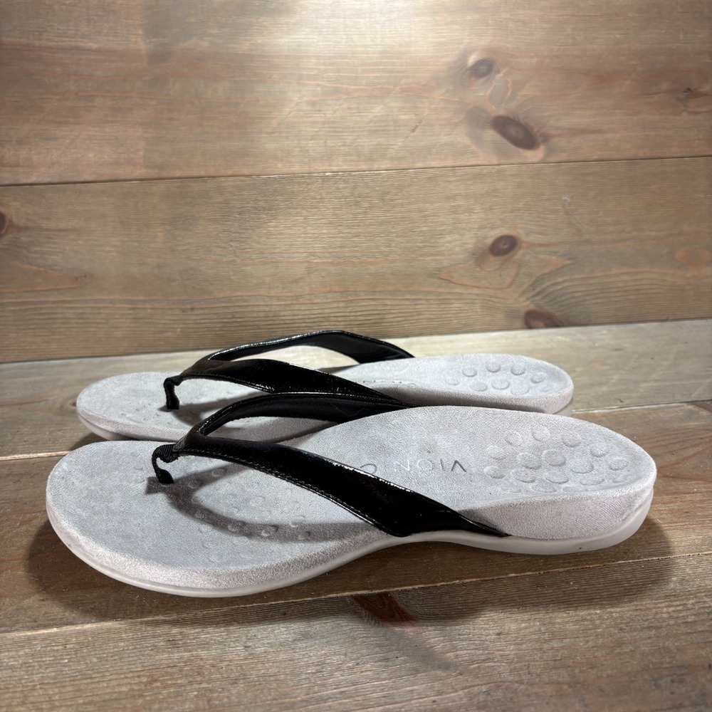 Vionic Tide Womens size 9 shoes Black Patent Leather Orthotic flip flop sandals